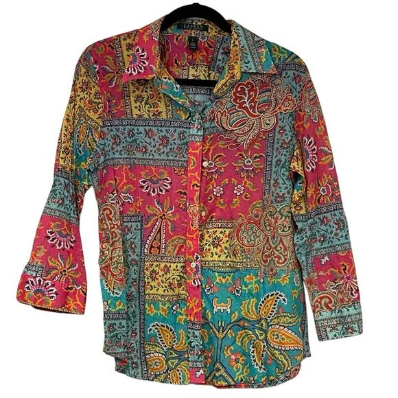 LAUREN RALPH LAUREN Women’s Blouse L Boho Paisley Patchwork Button Front Shirt - Picture 2 of 6